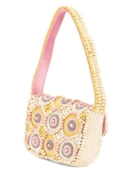 Handcrafted in India Colorful Pink Pastel Wooden Beaded Shoulder Bag Purse - Image 3