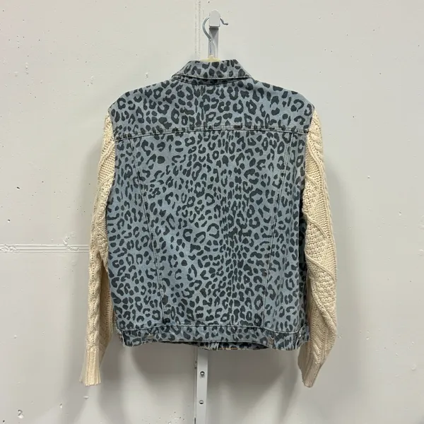 POL Leopard Print Denim Jacket Cable Knit Sleeves Blue Cream Small Oversized - Image 2
