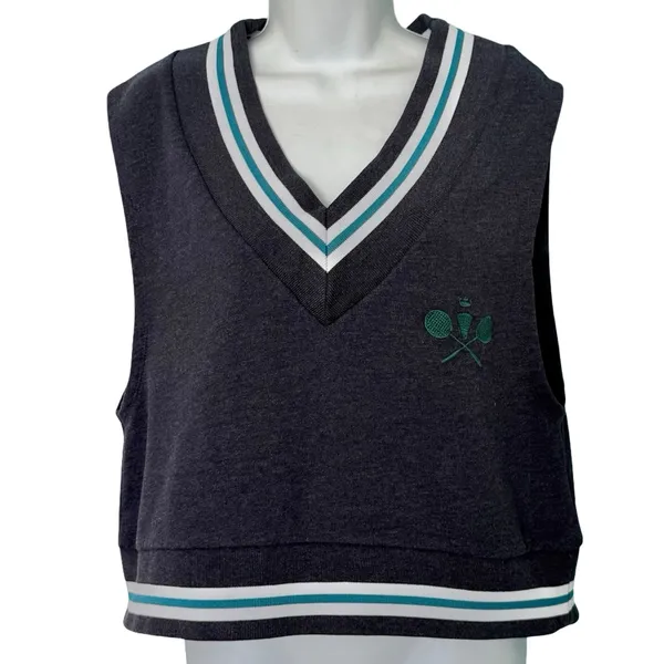 Urban Outfitters Navy Blue Green Badminton Embroidery Cropped Jersey Vest Size M - Image 7