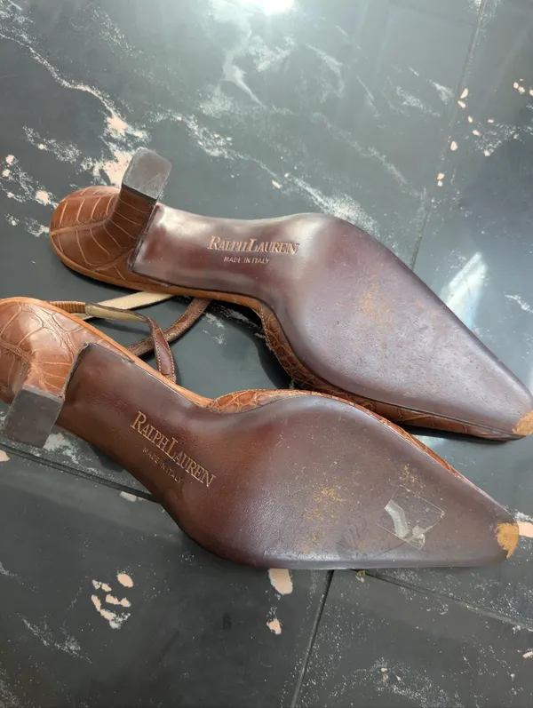 Vintage Ralph Lauren Brown Crocodile Leather Slingback Heels Size 8 - Image 6