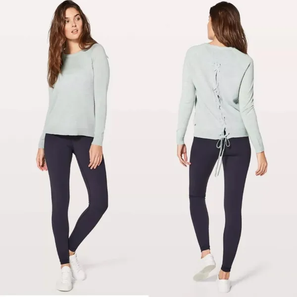 EUC Women Lululemon Gray Merino Wool Tied To You Sweater‎ SIZE 6 Lace Up Back - Image 2