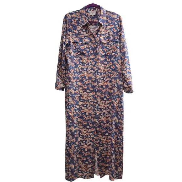 Haute Hippie‎ NWOT Long Sleeve Blue Floral Buttoned Midi Dress Size Small - Image 3