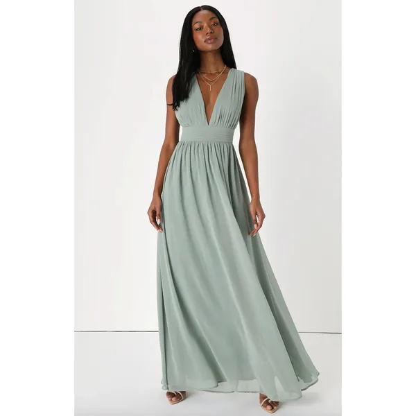 Lulus Heavenly Hues Sage Brush Maxi Dress Chiffon Bridesmaid Formal Medium NWT - Image 4