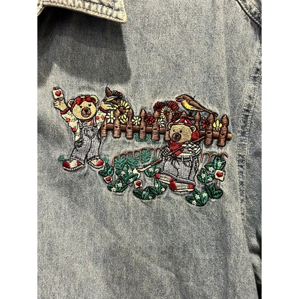 Bobbie Brooks Vintage‎ Embroidered Garden Bears Denim Shirt Womens Large Cottage - Image 2