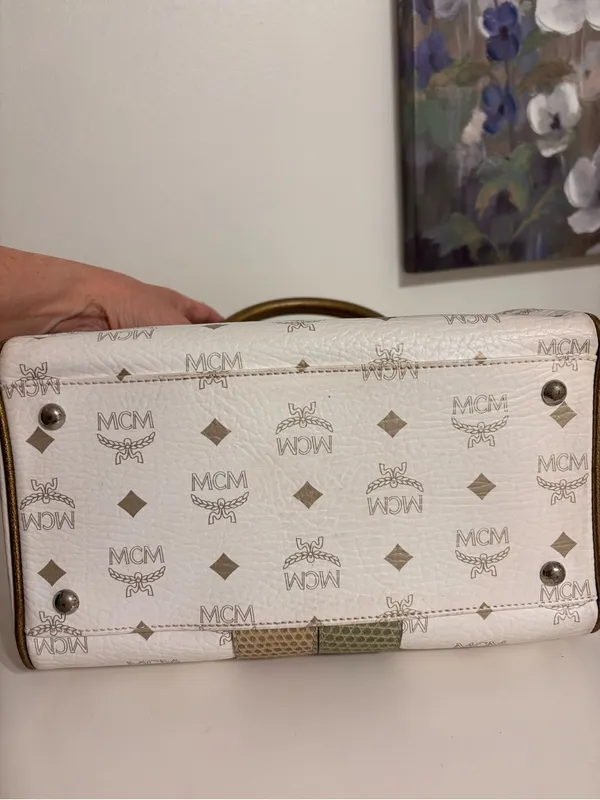 MCM Princess Lion Satchel H0501 White Visetos Bronze Python Trim Satchel - Image 5