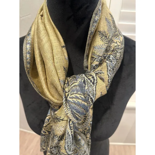 Luxurious Pashmina Silk Blend Scarf Gold Blue Paisley Tassel Fringe 26x72 winter - Image 2