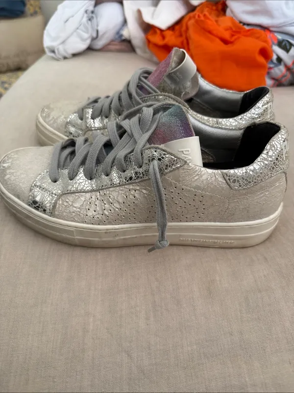 P448 Women’s Silver Metallic Lace-Up Sneakers with Iridescent Tongue - Image 2