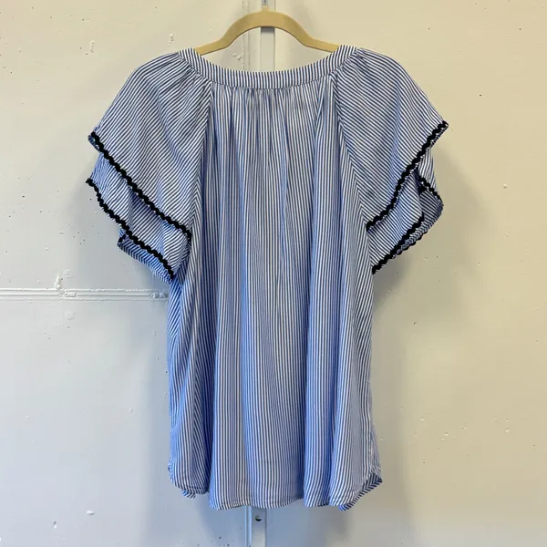 LOFT Striped Flutter Sleeve Tassel Tie Blouse Top Size Large Women's Blue‎ White - Image 2