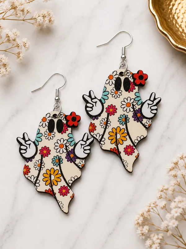 NEW Floral Ghost Dangle Earrings Double-Sided Halloween Boho NWT - Image 2