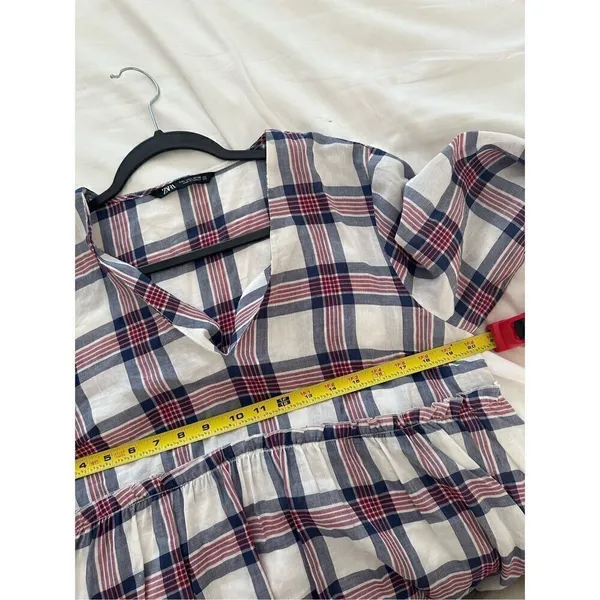 Zara White Red Blue Plaid V/Neck Fit& Flare Pleat Tunic Midi Dress Sz L - Image 8