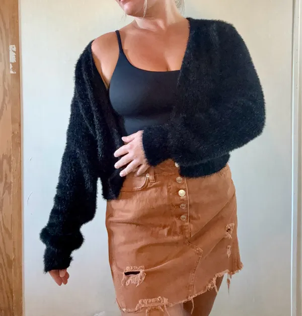 Lulus Black Fuzzy Eyelash Knit Cropped Open Front Cardigan Size Small - Image 3