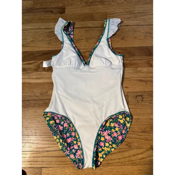 Floral Ruffle V-Neck One Piece Swimsuit‎ Teal Pink Yellow Ruched Low Back small - Image 5