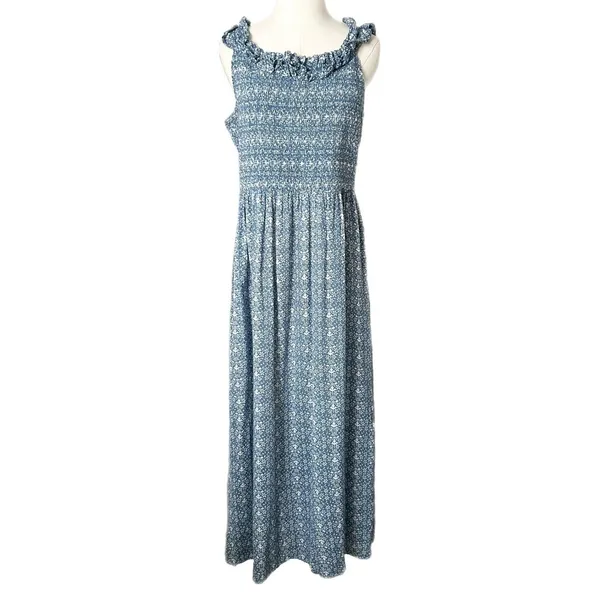 Gal Meets Glam Blue Floral Smocked Ruffle Maxi Dress 100% Cotton Size 16 - Image 2