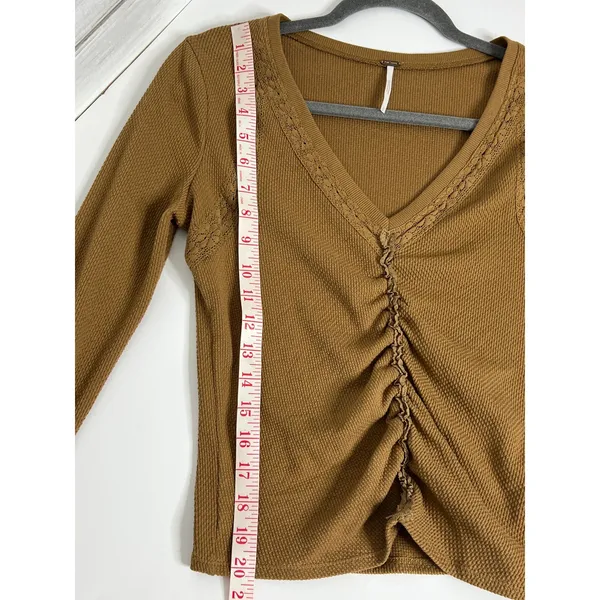 Free People Wear Me Out Brown Waffle Knit Ruched Mesh Sleeve Top Small - Image 7