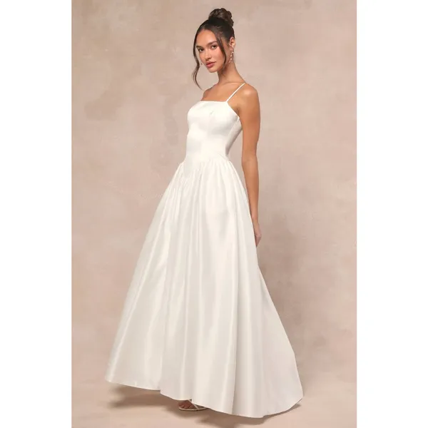 Lulus Luxe Bridal NWOT Bria White Satin Basque Waist Maxi Wedding Dress Medium - Image 3