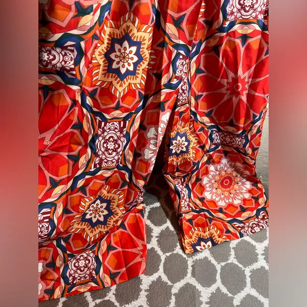 Orange Red Blue Floral Patterned Pants Trousers floral wide leg boho flowy zip L - Image 6