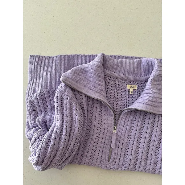 Aerie Lavender Cable Knit Quarter Zip Sweater Oversized Mock Neck Pullover - Image 9