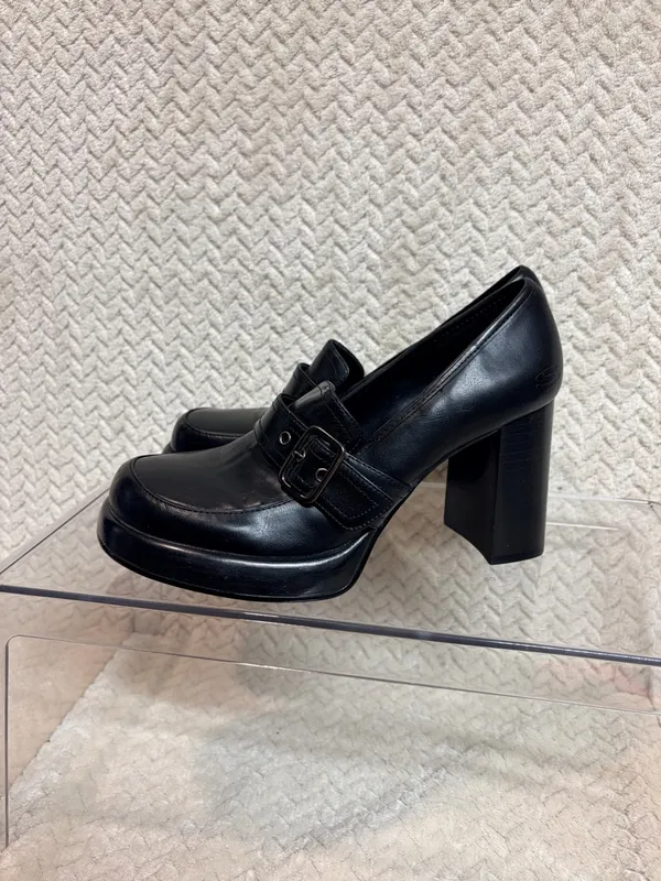 Vtg 90s SKECHERS Womens 6 Chunky Platform Loafers Buckle Black‎ Faux Leather Y2K - Image 3