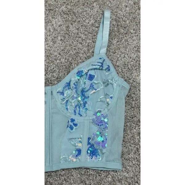 IHeartRaves Aqua Sequin Floral Embroidered Mesh Bustier Crop Top Size XS - Image 4