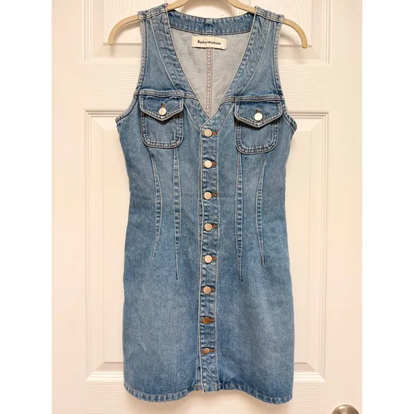 Reformation Colby Denim Mini Dress Blue Button Front‎ Sleeveless Size 4 - Image 2