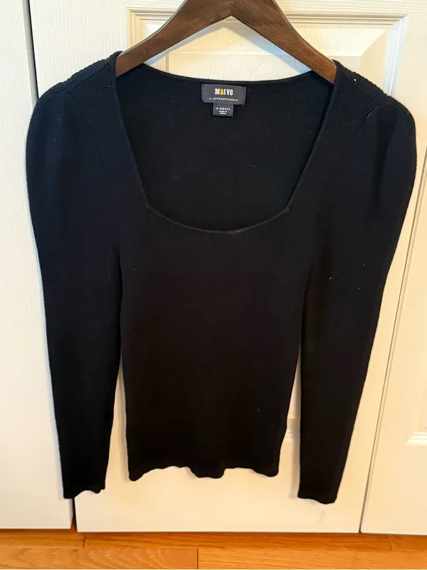 Anthropologie Maeve Square Neck Puff Sleeve Rib Knit Sweater Top in Black - Image 2