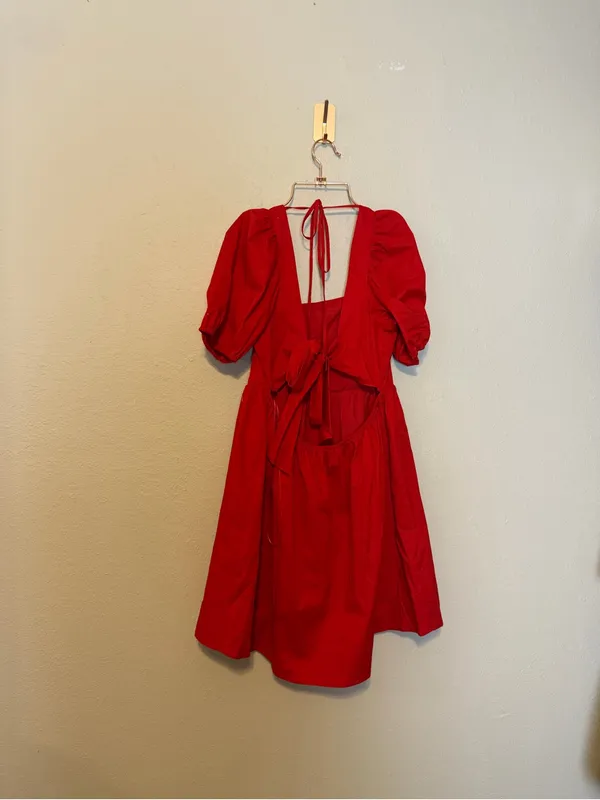 WAYF Red Open Back Bow Puff Sleeve Mini Dress Size‎ Large NWT - Image 4