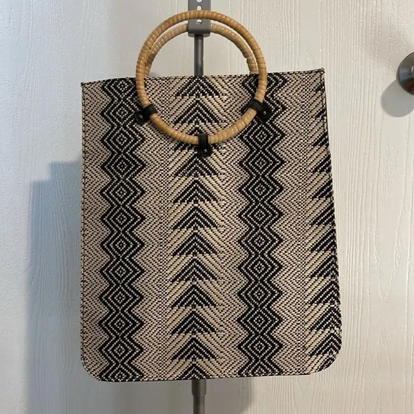 Wet Seal Geometric Woven Tote Bag Straw Black Tan Round Handle - Image 10
