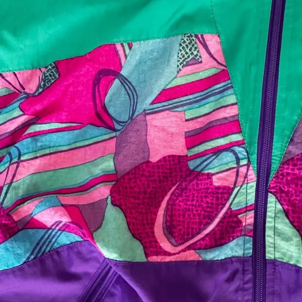 Vinatge 90s Reebok Windbreaker Cinch Waist Full Zip Green/Purple Abstract Design - Image 3