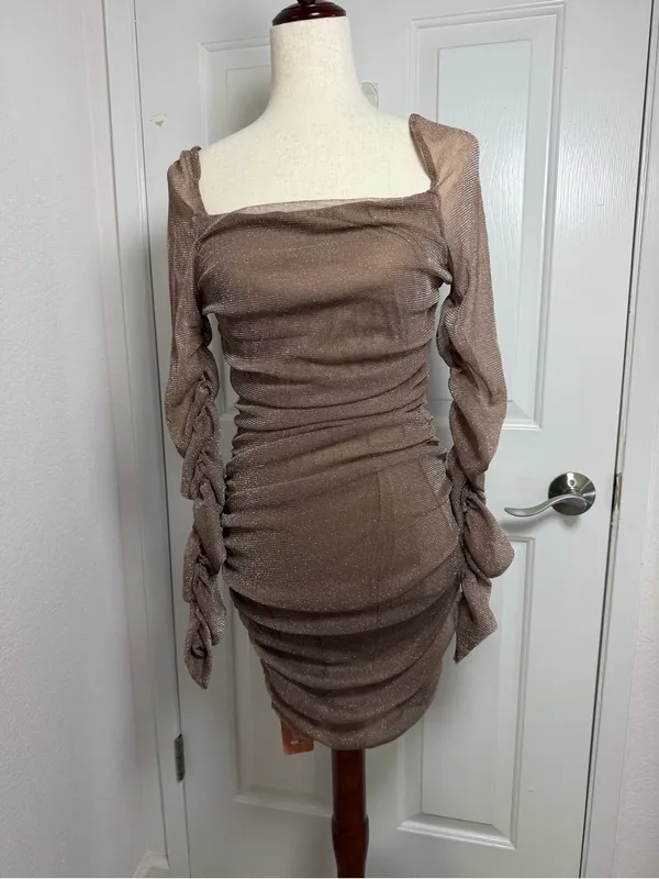 SHEIN Shimmery Ruched Tan Bodycon Dress Size XL - Image 3
