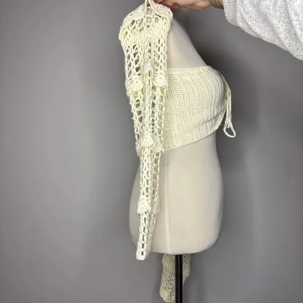 Nasty Gal- Off White Crochet Off Shoulder Lace Up Top - Image 6