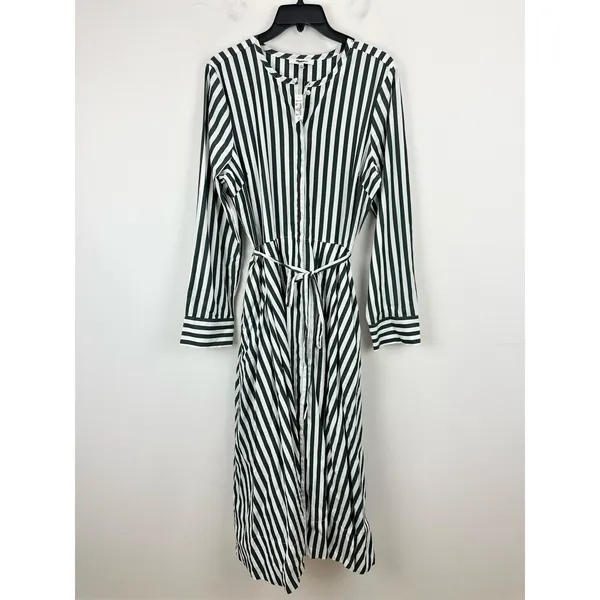 Madewell Tie Waist Midi Shirtdress in Stripe White Deep Forest Cotton US 10 NWT - Image 7
