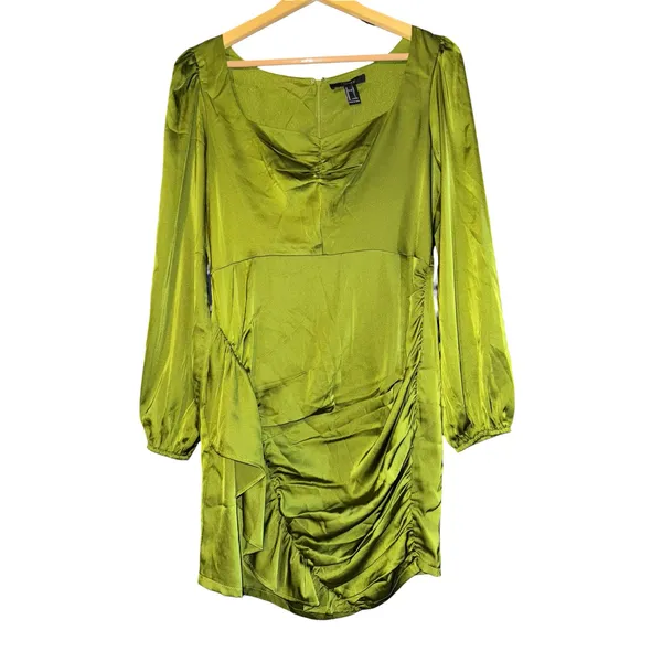New Forever 21 Satin Ruched Mini Dress Women's‎ Large Green Sexy Event Wedding - Image 3