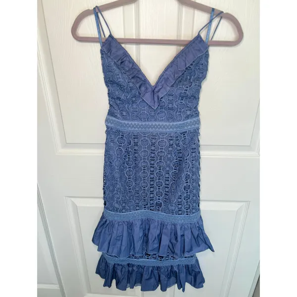 ASOS Blue Crochet Lace Mini Dress Ruffle Tiered Lace Up Open‎ Back Size 4 - Image 3