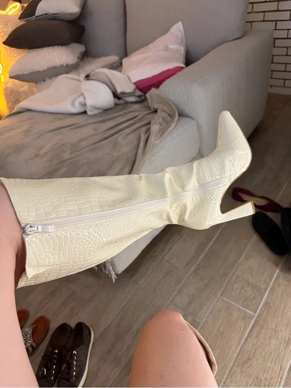 Knee-High Croc-Embossed Patent Boots in Cream - Image 4