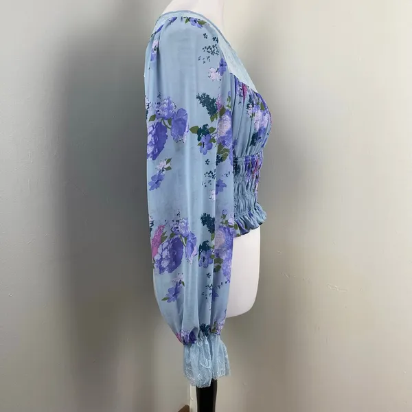 Free People Daphne Sliver Blue Floral Boho Smocked Lace Blouse Medium NWT $128 - Image 6