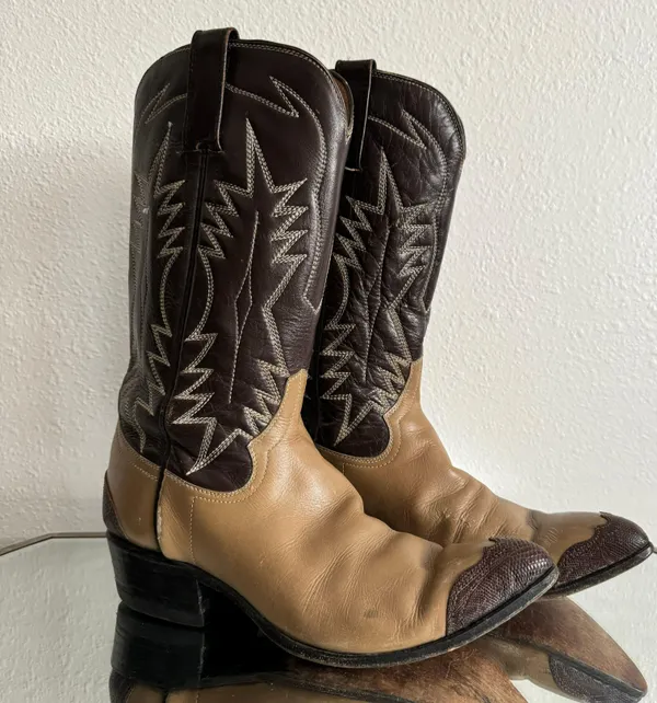 Vintage Brown Tan Leather Western Festival Wingtip Mid Calf Heeled Cowboy Boots - Image 4