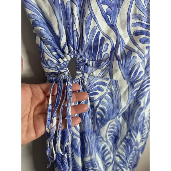 Magaschoni Linen Midi Dress Women 10 Blue White Coastal Cutout Resortwear - Image 4