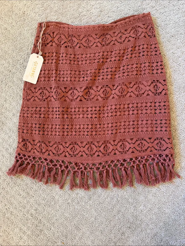 Shyanne Dusty Rose /Brown Crochet Fringe Mini Skirt - Large - Image 5