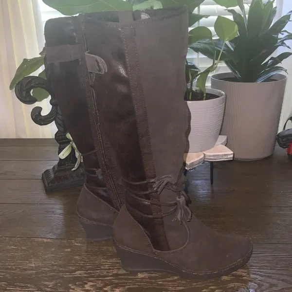BareTraps Brown Over the Knee Brown Suede Fur Lined Wedge Boots Side Zipper 6M - Image 6