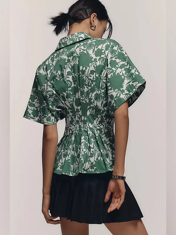 Anthropologie Exquise The Tobie Short-Sleeve Pleated Blouse in Green Size XXS - Image 3