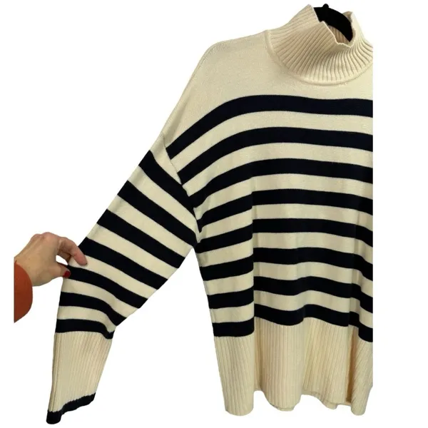 Zara Womens Medium Striped Turtleneck Sweater Cream Navy Long Sleeve Chunky Knit - Image 8
