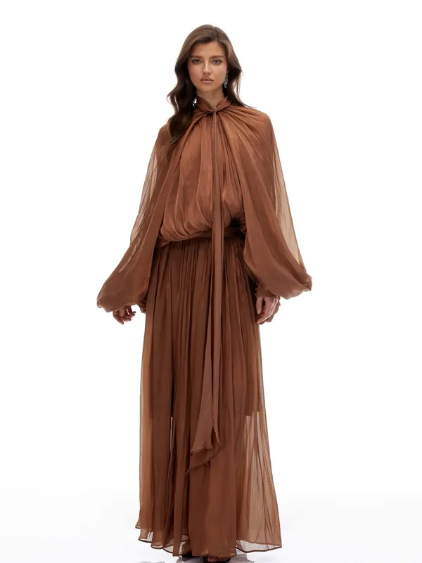 Miss Rosier Mila Brown Pleated Satin Maxi Dress size small - Image 6