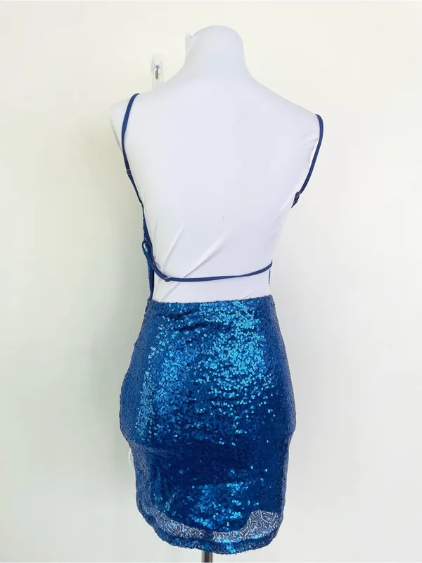 Lucy in The Sky Sequin Bodycon Dress in Blue S Small Open Back Strappy Mini - Image 9