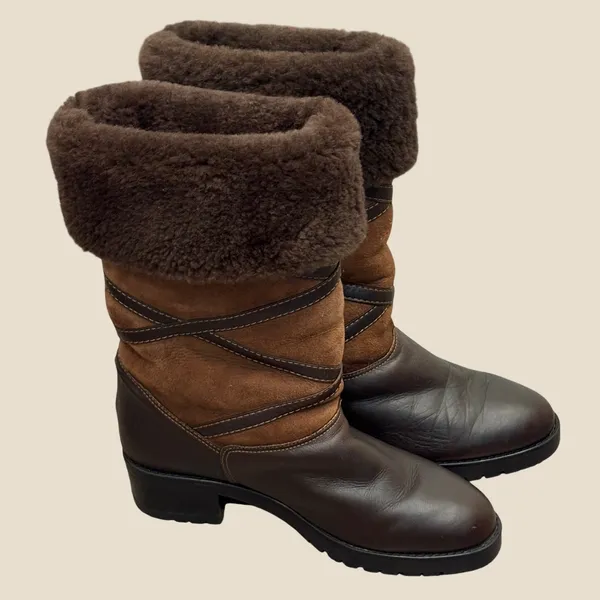 La Canadienne Brown Leather Suede Shearling Foldable Cuff Winter Boots 7 Cozy - Image 3