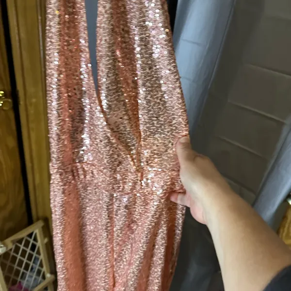 Sparkling Rose Gold Sequin Halter Jumpsuit Pink Size M - Image 4