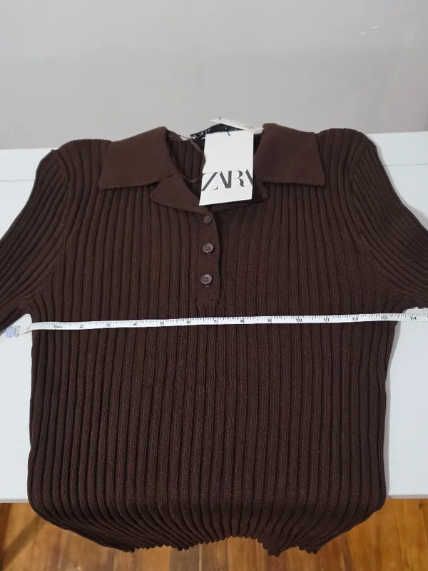 Zara Ribbed Knit Polo Top Long Sleeve - Brown - Size M - 3471 - Image 6