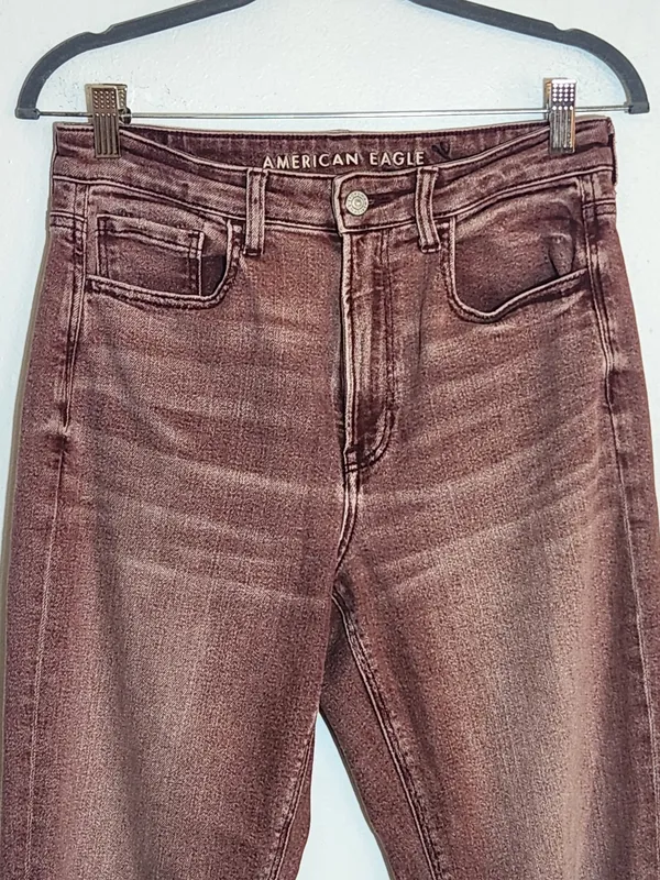 American Eagle Burgundy Pink Dyed Distressed Jeans Size 8 Long - Image 2