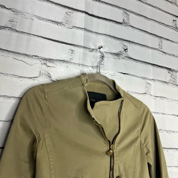 Zara BASIC Tan Cargo Utility Jacket XS Full Zip Asymmetrical Y2K Streetwear - Image 3