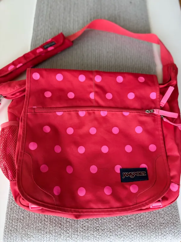 Jansport Red Oversized Messenger Bag with Pink Polka Dots - Image 3