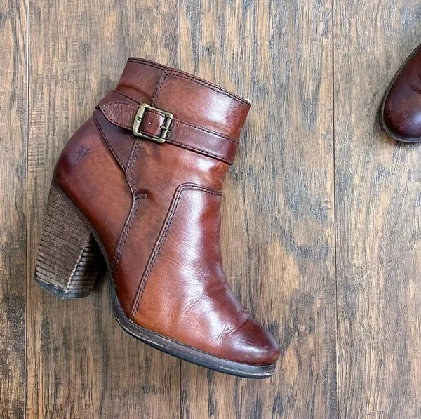 Frye • Patty Riding Bootie brown leather Redwood ankle boot heeled strap buckle - Image 9